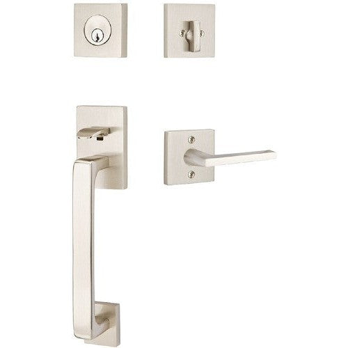 Emtek Baden Tubular Entrance Handleset with Helios Lever in Satin Nickel finish