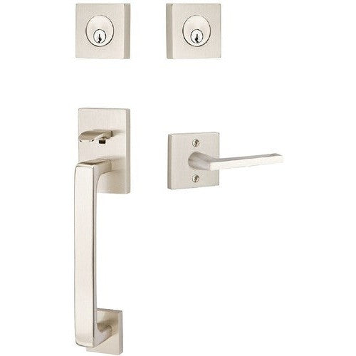 Emtek Baden Tubular Entrance Handleset with Helios Lever in Satin Nickel finish