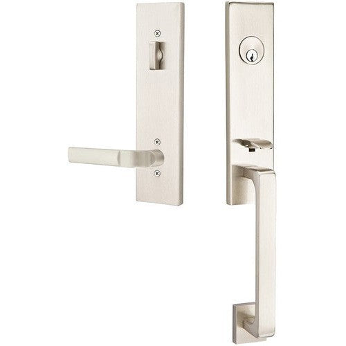 Emtek Davos Handleset with Interior Aston Lever in Satin Nickel finish