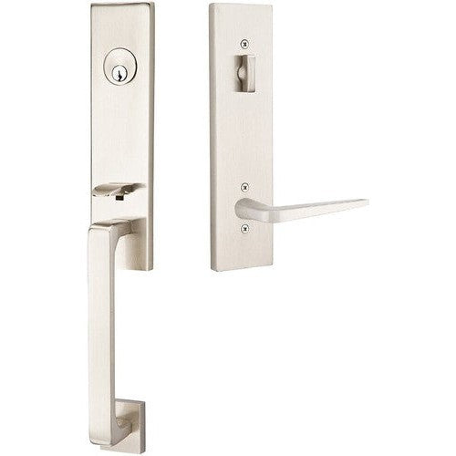 Emtek Davos Handleset with Interior Athena Lever in Satin Nickel finish