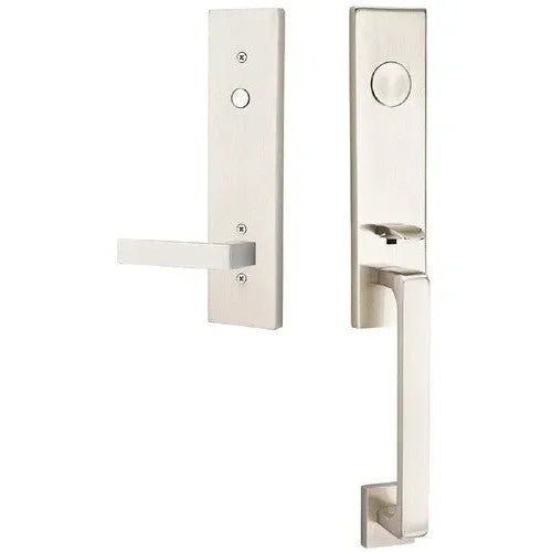 Emtek Davos Tubular Entrance Handleset With Dumont Lever in Satin Nickel finish