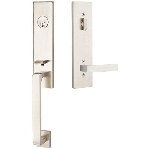 Emtek Davos Tubular Entrance Handleset With Dumont Lever in Satin Nickel finish