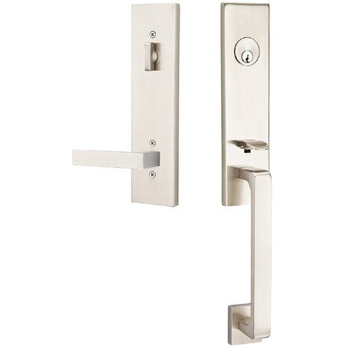 Emtek Davos Tubular Entrance Handleset With Dumont Lever in Satin Nickel finish