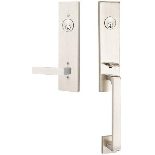 Emtek Davos Tubular Entrance Handleset With Dumont Lever in Satin Nickel finish