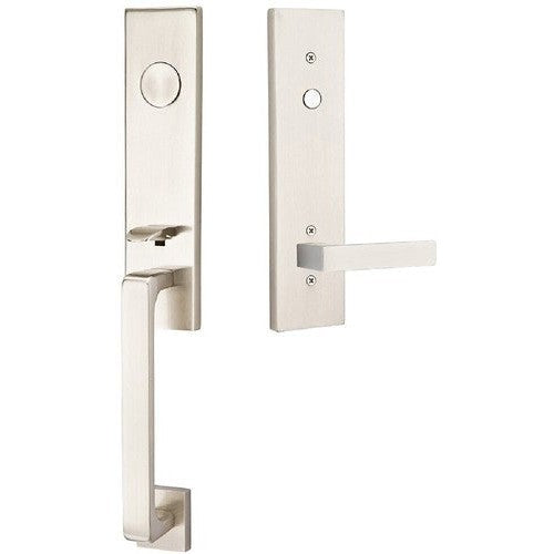 Emtek Davos Tubular Entrance Handleset With Dumont Lever in Satin Nickel finish