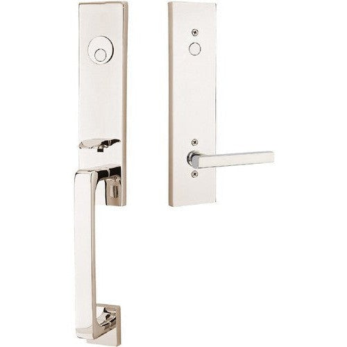 Emtek Davos Tubular Entrance Handleset With Freestone Lever in Satin Nickel finish