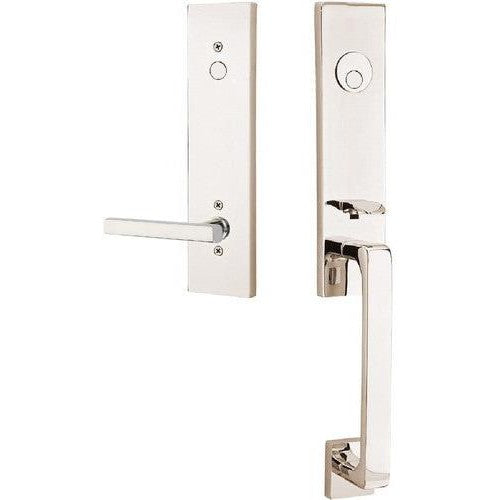 Emtek Davos Tubular Entrance Handleset With Freestone Lever in Satin Nickel finish