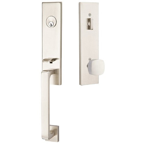 Emtek Davos Tubular Entrance Handleset With Freestone Square Knob in Satin Nickel finish