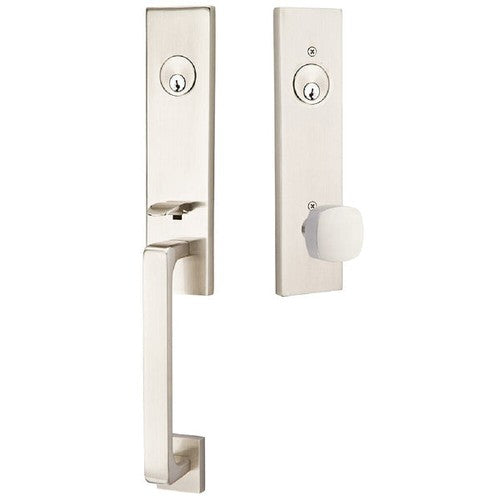 Emtek Davos Tubular Entrance Handleset With Freestone Square Knob in Satin Nickel finish