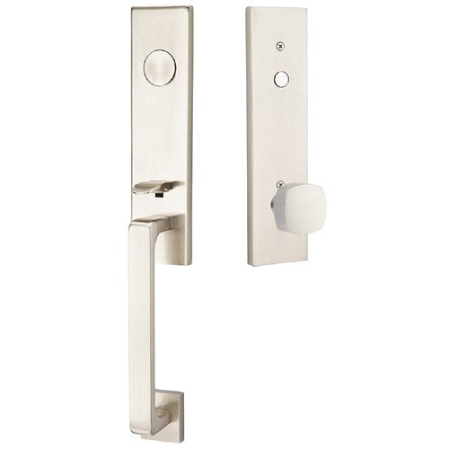 Emtek Davos Tubular Entrance Handleset With Freestone Square Knob in Satin Nickel finish