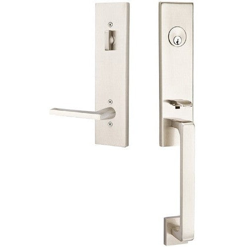 Emtek Davos Tubular Entrance Handleset With Helios Lever in Satin Nickel finish