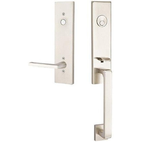 Emtek Davos Tubular Entrance Handleset With Helios Lever in Satin Nickel finish