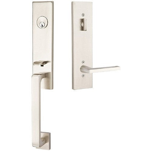 Emtek Davos Tubular Entrance Handleset With Helios Lever in Satin Nickel finish