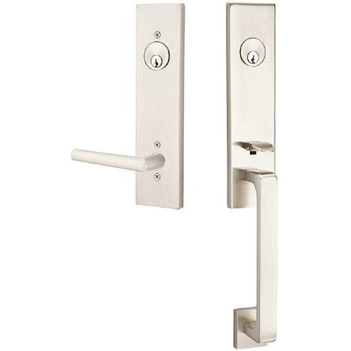 Emtek Davos Tubular Entrance Handleset With Stuttgart Lever in Satin Nickel finish