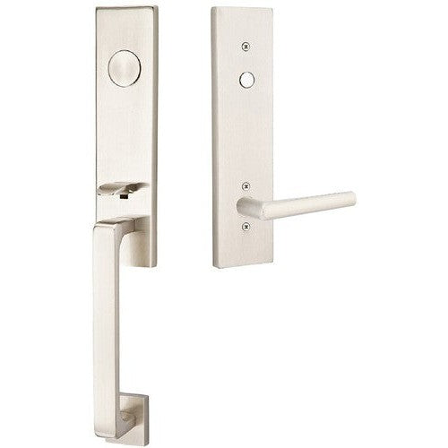 Emtek Davos Tubular Entrance Handleset With Stuttgart Lever in Satin Nickel finish