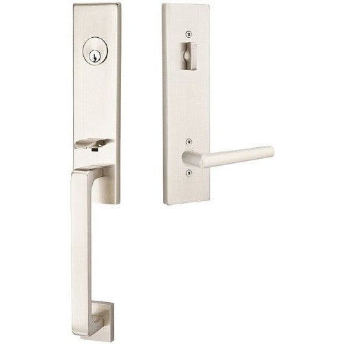 Emtek Davos Tubular Entrance Handleset With Stuttgart Lever in Satin Nickel finish