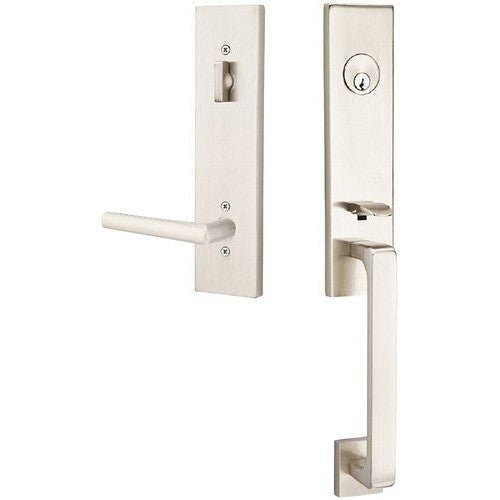 Emtek Davos Tubular Entrance Handleset With Stuttgart Lever in Satin Nickel finish