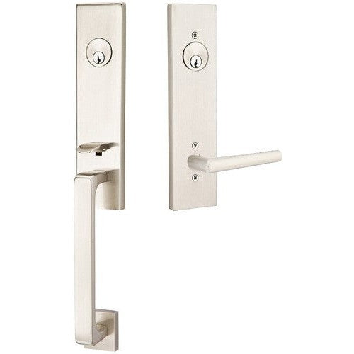 Emtek Davos Tubular Entrance Handleset With Stuttgart Lever in Satin Nickel finish