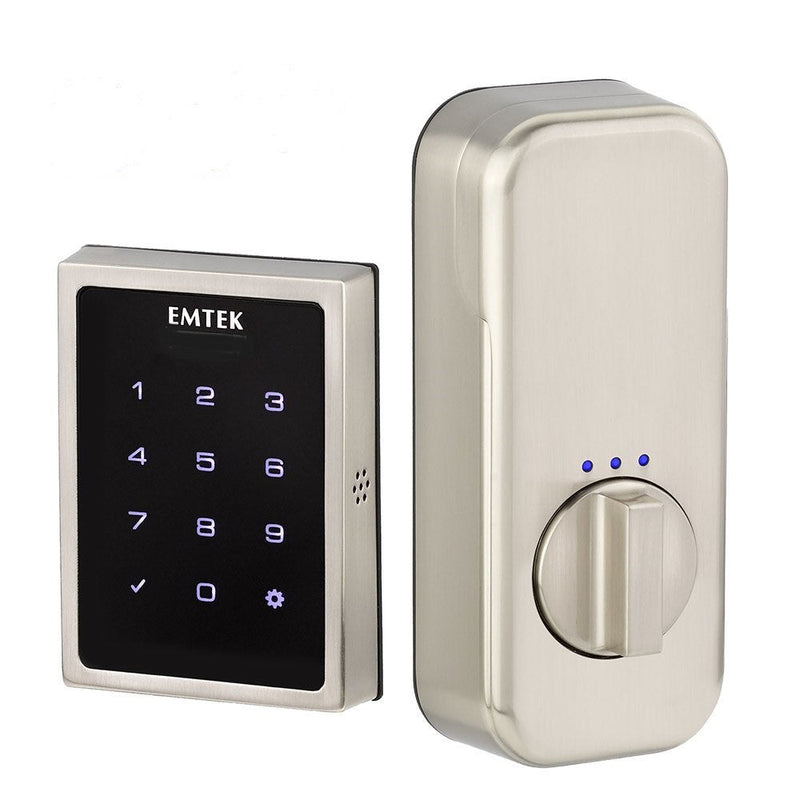 The Emtek Electronic EMPowered Motorized Touchscreen Keypad Deadbolt in Satin Nickel finish