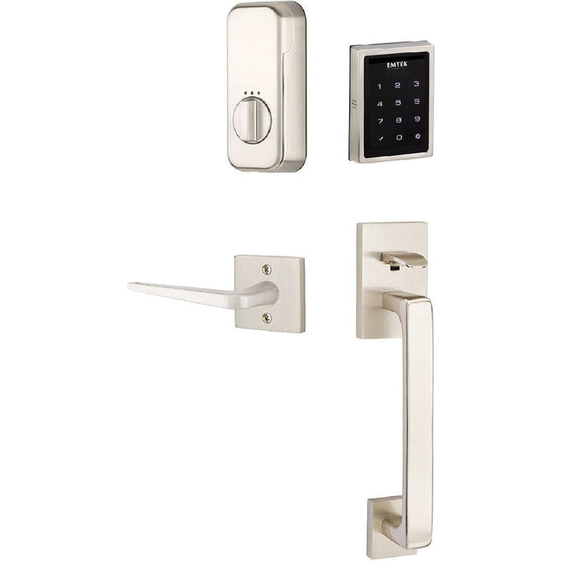 The Emtek Electronic EMPowered Motorized Touchscreen Keypad Entry Set With Baden Grip and Athena Lever in Satin Nickel finish