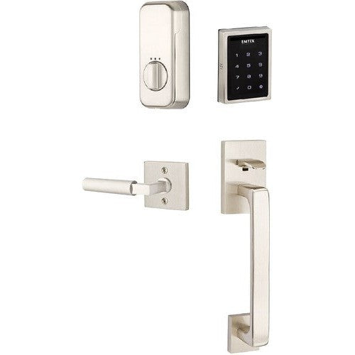 The Emtek Electronic EMPowered Motorized Touchscreen Keypad Entry Set With Baden Grip and Hercules Lever in Satin Nickel finish