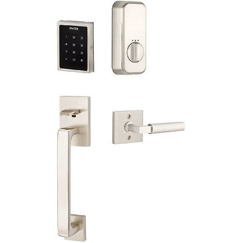 The Emtek Electronic EMPowered Motorized Touchscreen Keypad Entry Set With Baden Grip and Hercules Lever in Satin Nickel finish