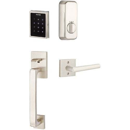 The Emtek Electronic EMPowered Motorized Touchscreen Keypad Entry Set With Baden Grip and Stuttgart Lever in Satin Nickel finish