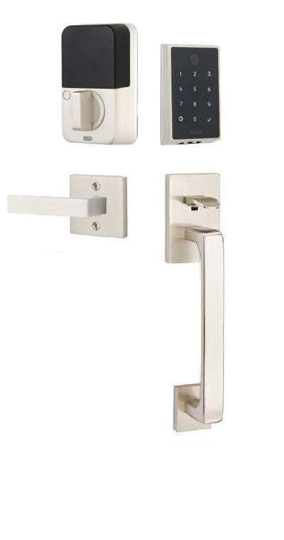 The Emtek EMPowered 2 Touch Entry Set with Baden Grip and Interior Dumont Lever in Satin Nickel finish.