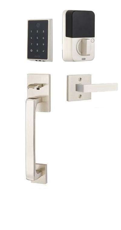 The Emtek EMPowered 2 Touch Entry Set with Baden Grip and Interior Dumont Lever in Satin Nickel finish.