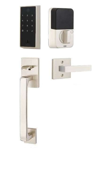 The Emtek EMPowered 2 Touch Entry Set with Baden Grip and Interior Dumont Lever in Satin Nickel finish.