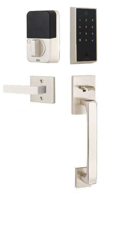 The Emtek EMPowered 2 Touch Entry Set with Baden Grip and Interior Dumont Lever in Satin Nickel finish.