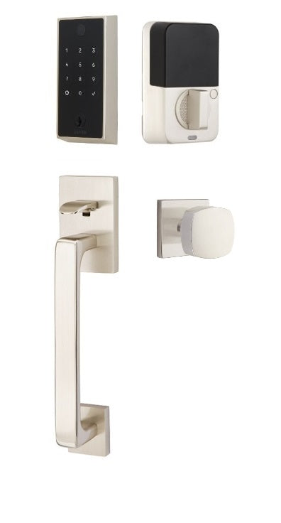 The Emtek EMPowered 2 Touch Entry Set with Baden Grip and Interior Freestone Knob in Satin Nickel finish.