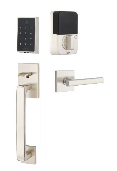 The Emtek EMPowered 2 Touch Entry Set with Baden Grip and Interior Freestone Lever in Satin Nickel finish.