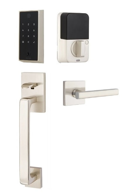 The Emtek EMPowered 2 Touch Entry Set with Baden Grip and Interior Freestone Lever in Satin Nickel finish.