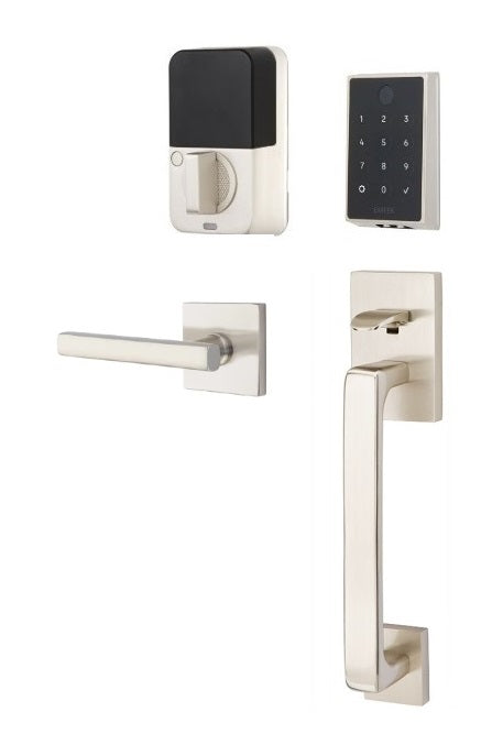 The Emtek EMPowered 2 Touch Entry Set with Baden Grip and Interior Freestone Lever in Satin Nickel finish.