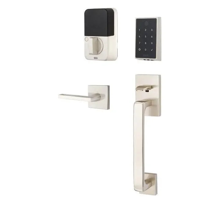 The Emtek EMPowered 2 Touch Entry Set with Baden Grip and Interior Helios Lever in Satin Nickel finish.