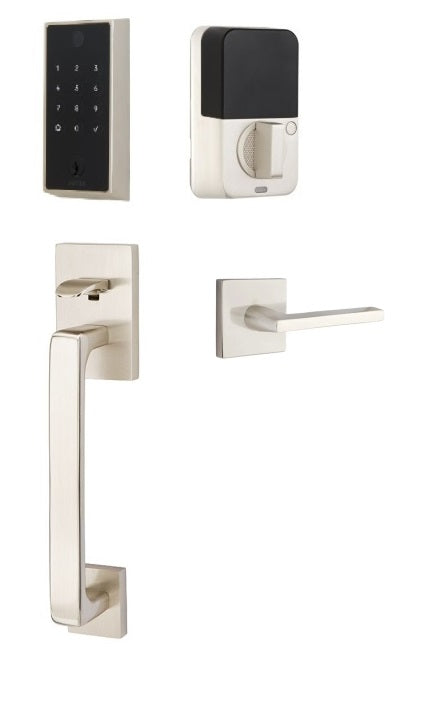 The Emtek EMPowered 2 Touch Entry Set with Baden Grip and Interior Helios Lever in Satin Nickel finish.