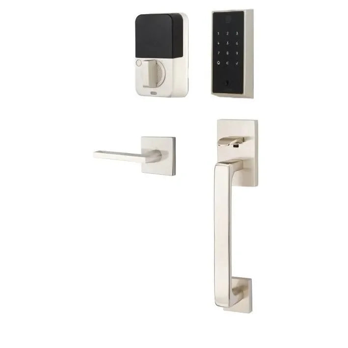 The Emtek EMPowered 2 Touch Entry Set with Baden Grip and Interior Helios Lever in Satin Nickel finish.