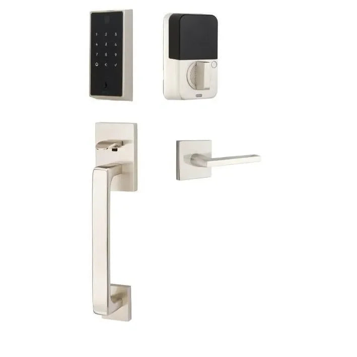 The Emtek EMPowered 2 Touch Entry Set with Baden Grip and Interior Helios Lever in Satin Nickel finish.