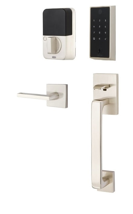 The Emtek EMPowered 2 Touch Entry Set with Baden Grip and Interior Helios Lever in Satin Nickel finish.