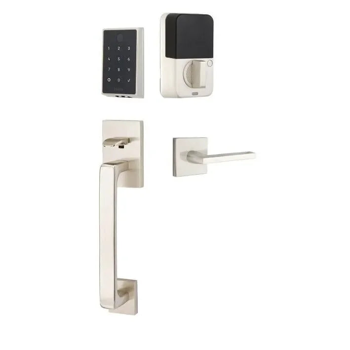 The Emtek EMPowered 2 Touch Entry Set with Baden Grip and Interior Helios Lever in Satin Nickel finish.