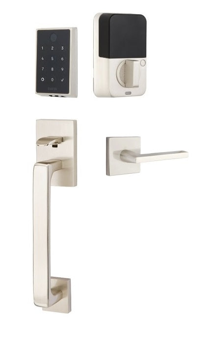 The Emtek EMPowered 2 Touch Entry Set with Baden Grip and Interior Helios Lever in Satin Nickel finish.