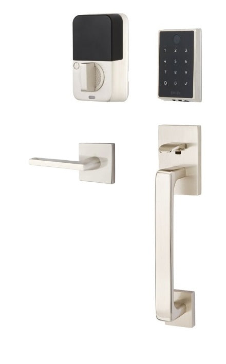 The Emtek EMPowered 2 Touch Entry Set with Baden Grip and Interior Helios Lever in Satin Nickel finish.