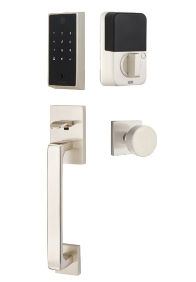 The Emtek EMPowered 2 Touch Entry Set with Baden Grip and Interior Round Knob in Satin Nickel finish.