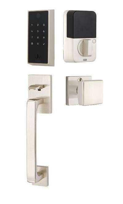 The Emtek EMPowered 2 Touch Entry Set with Baden Grip and Interior Square Knob in Satin Nickel finish.