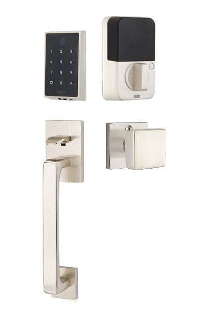 The Emtek EMPowered 2 Touch Entry Set with Baden Grip and Interior Square Knob in Satin Nickel finish.