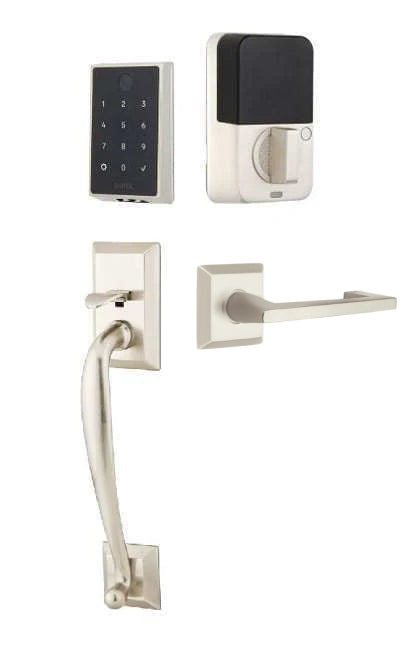 The Emtek EMPowered 2 Touch Entry Set with Franklin Grip and Interior Argos Lever in Satin Nickel finish.