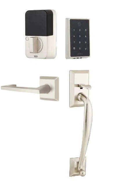 The Emtek EMPowered 2 Touch Entry Set with Franklin Grip and Interior Argos Lever in Satin Nickel finish.