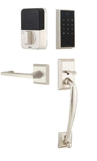 The Emtek EMPowered 2 Touch Entry Set with Franklin Grip and Interior Argos Lever in Satin Nickel finish.