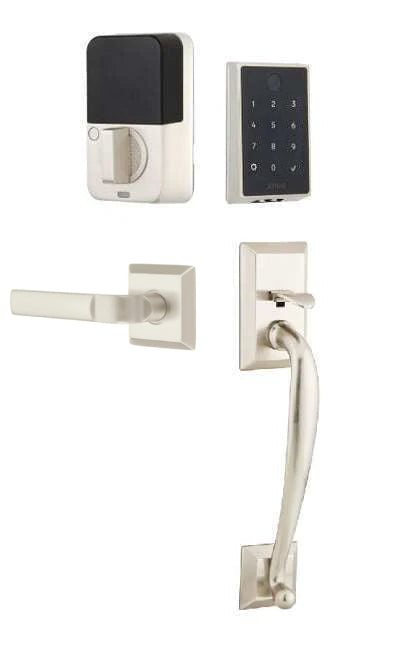 The Emtek EMPowered 2 Touch Entry Set with Franklin Grip and Interior Aston Lever in Satin Nickel finish.